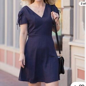 J Crew Mercantile Navy Blue White Polka Dot‎ Tie Sleeve Dress Size 0 A Line